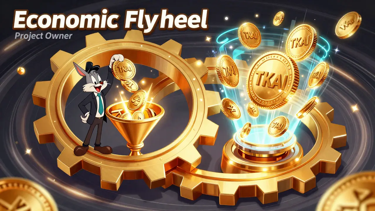 A giant golden gear machine converting TKAI tokens into holographic project NFTs.