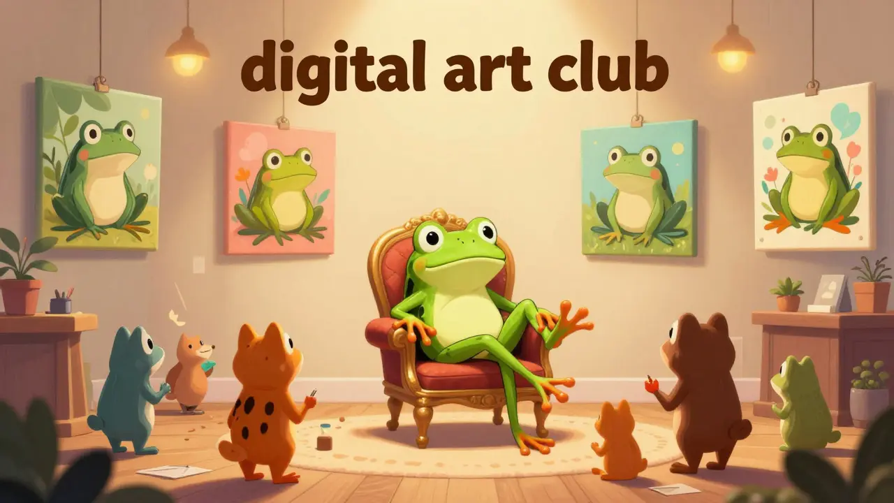 A group of cartoon characters admiring frog art in a whimsical club.