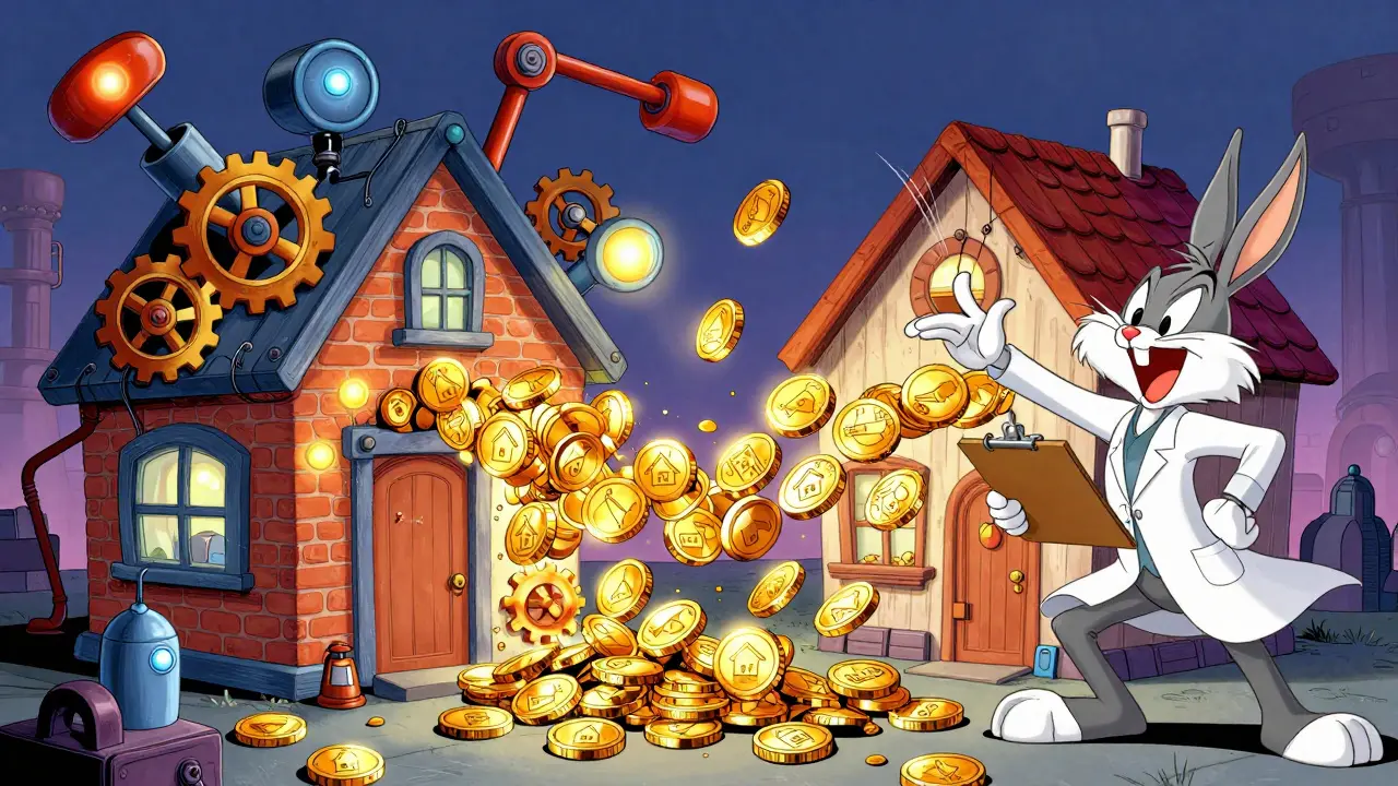 A wacky machine transforming a physical house into golden digital property tokens.