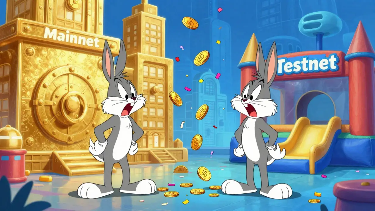 Cartoon character accidentally dropping a gold coin into a blue testnet playground where it becomes confetti.