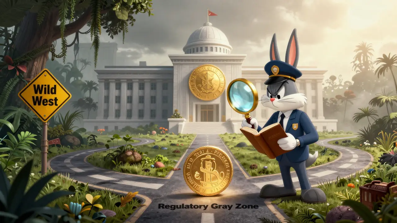 Cartoon character at a crossroads between a wild jungle and a structured government building.