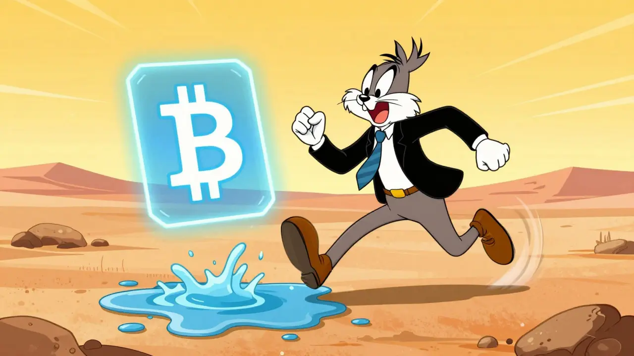 Cartoon character chasing a holographic Bitcoin over a tiny puddle in a desert.