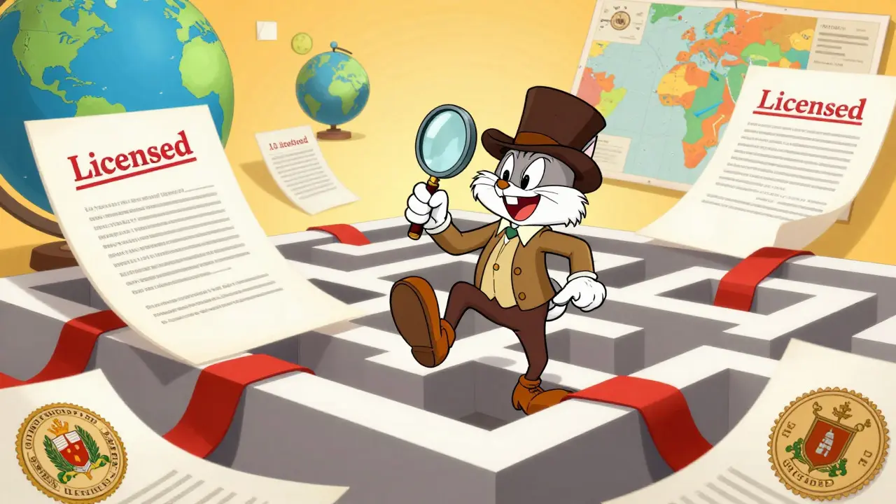 Cartoon character navigating a maze of legal documents and red tape.