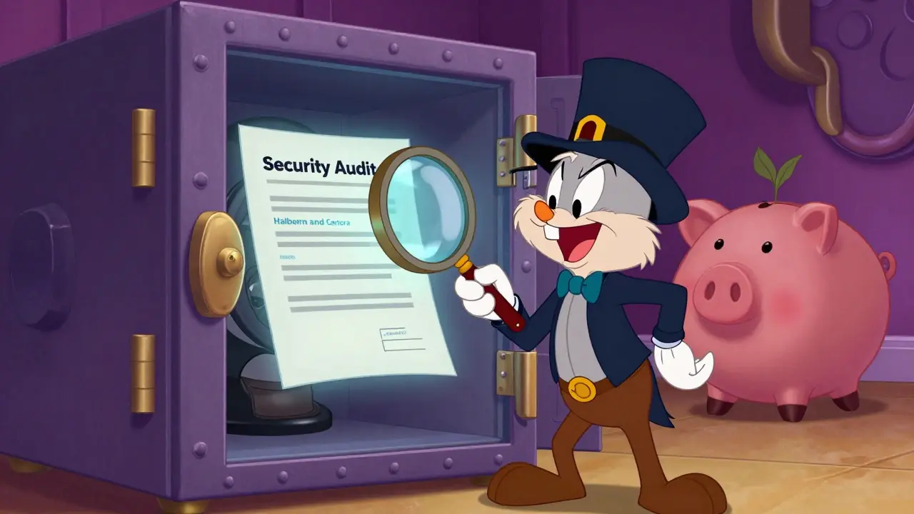 Cartoon detective inspecting a digital contract next to a growing OpenSaver piggy bank.