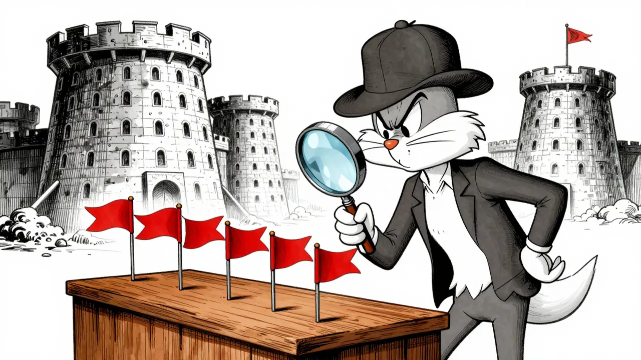 Cartoon detective using a magnifying glass to inspect red flags on a flimsy platform.