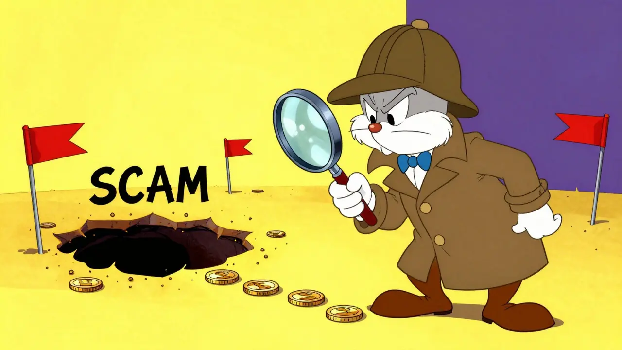 Cartoon detective using a magnifying glass to spot red flags and a scam trap.