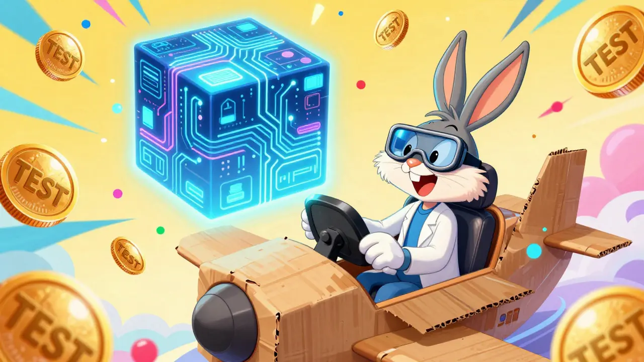 Cartoon developer in a makeshift cockpit simulating a blockchain testnet with floating test coins.