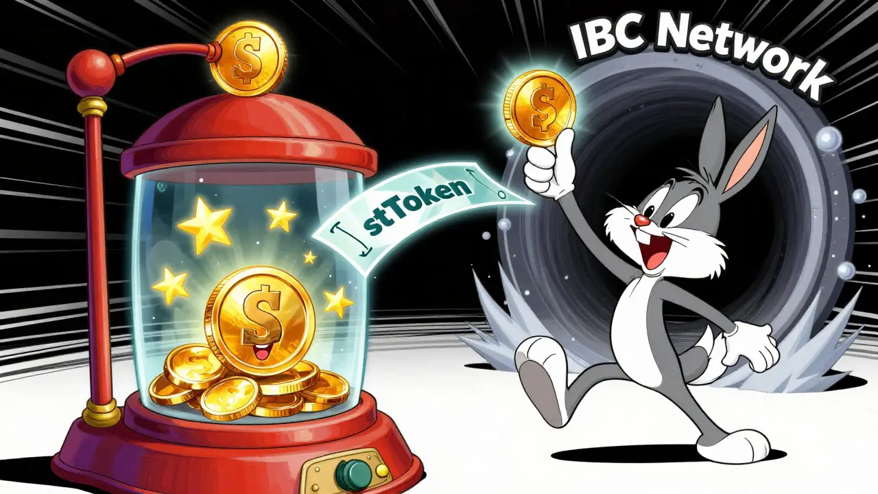 Character using a machine to turn coins into liquid stTokens