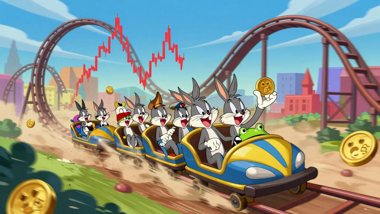 Characters riding a rollercoaster shaped like a volatile crypto price chart.