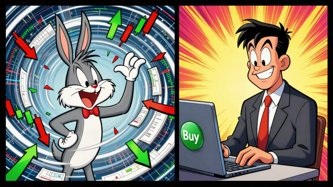 Comparison between a confused beginner and a calm pro trader in cartoon style.