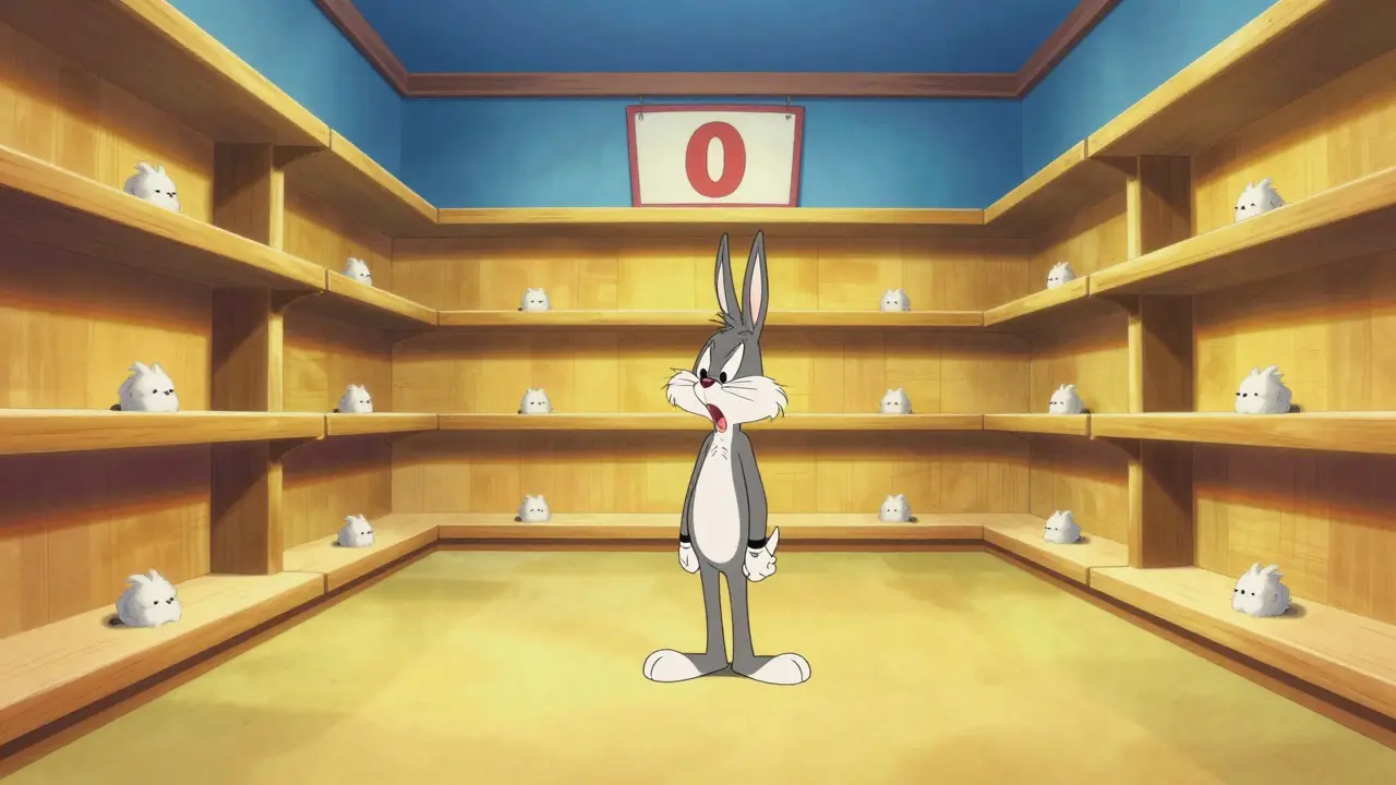 Confused cartoon character in an empty store with vacant shelves and zero products.