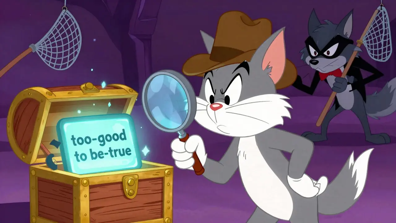 Detective cartoon character inspecting a digital treasure chest while a trickster lurks.