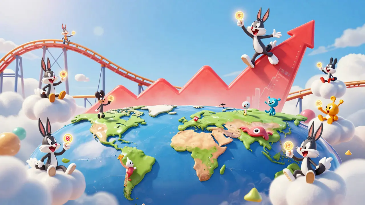 Diverse cartoon characters globally holding digital tokens with a stock graph rollercoaster in the sky.