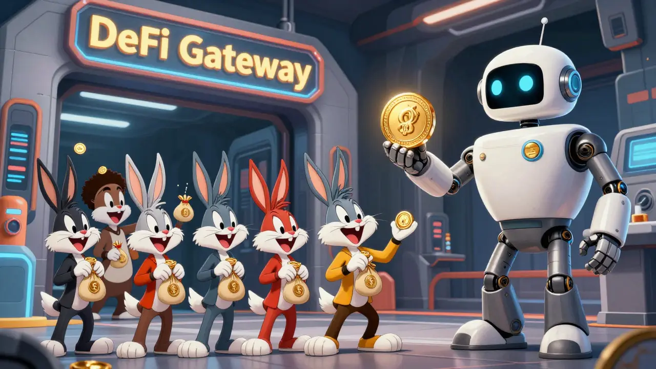 Diverse cartoon characters receiving golden governance tokens from a friendly robot