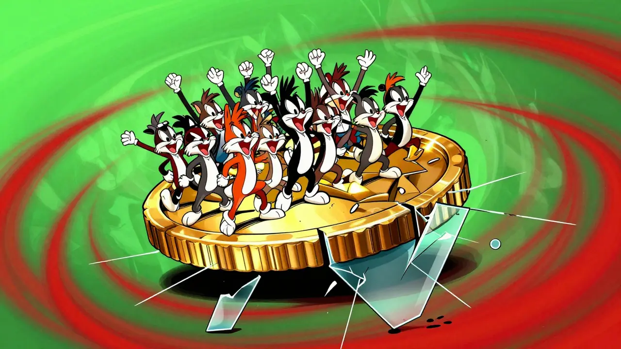 Excited characters on a giant golden coin resting on cracking glass