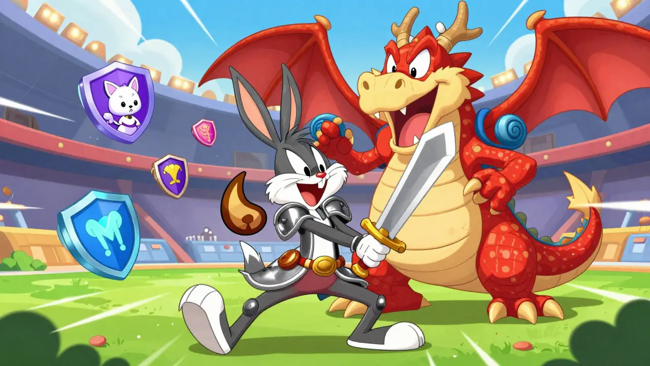 Expressive cartoon character battling a goofy dragon in a colorful RPG arena