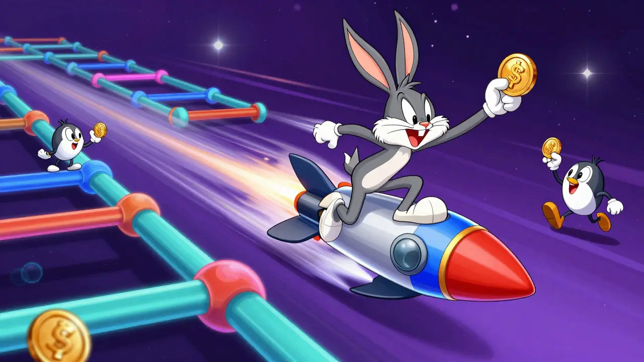 Fast character riding a rocket-powered blockchain link through a network of glowing nodes