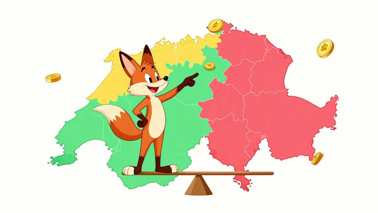 Fox balancing on map of Switzerland choosing tax region