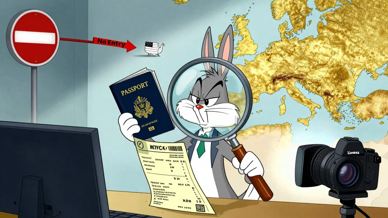 Funny scene of a character undergoing a strict identity verification process with a giant magnifying glass.
