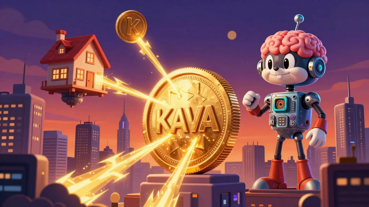 Golden KAVA coin powering a floating house and a giant robot brain in a colorful cartoon city.