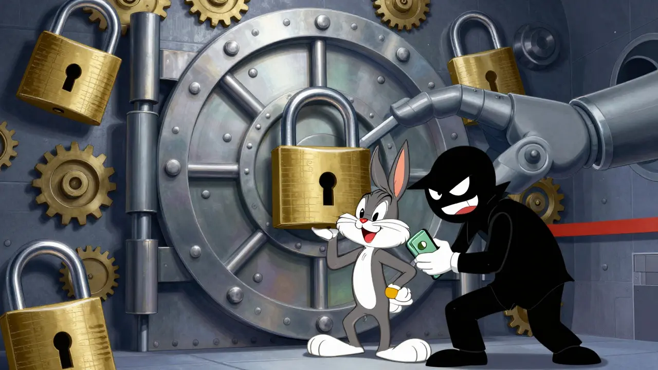 High-security cartoon vault protecting digital assets with giant padlocks.