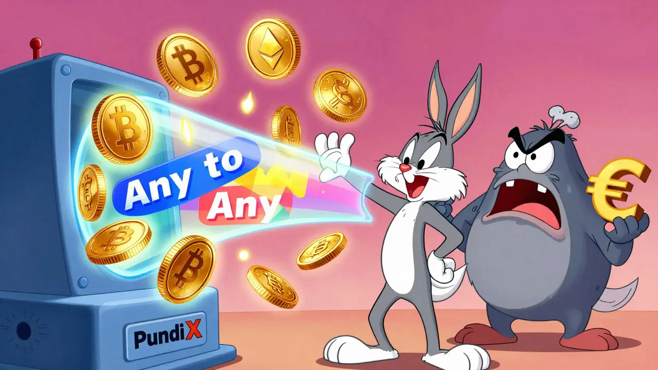 Humorous cartoon character swapping various crypto coins using a colorful vacuum tube.