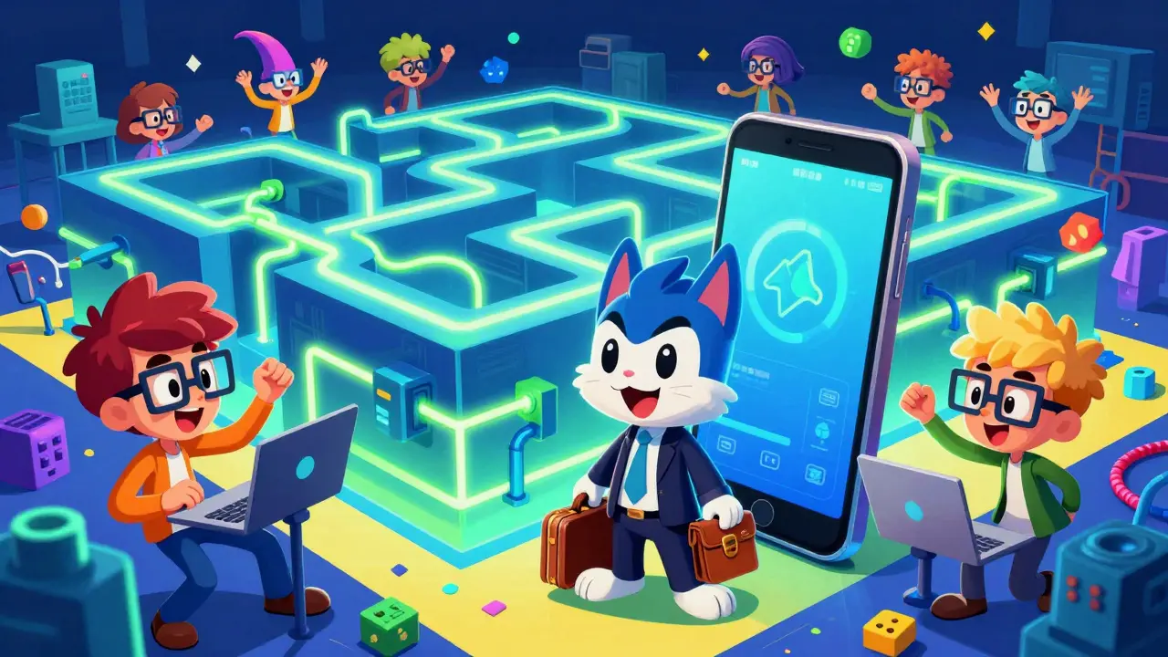 Looney Tunes style digital creature in a suit with tech developers building a neon blockchain.