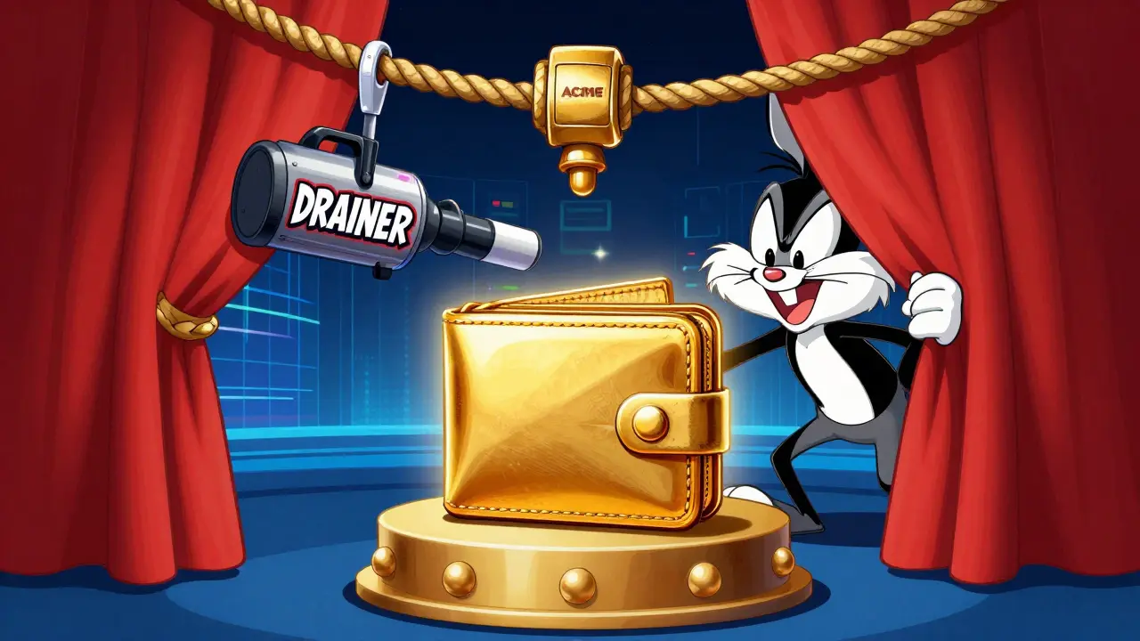 Mischievous cartoon villain using a giant vacuum to steal a digital wallet.