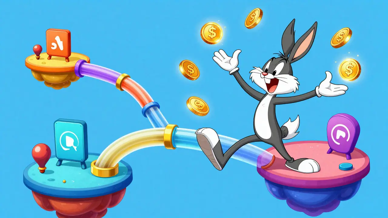 Multi-armed cartoon character juggling coins through colorful tubes between platforms.