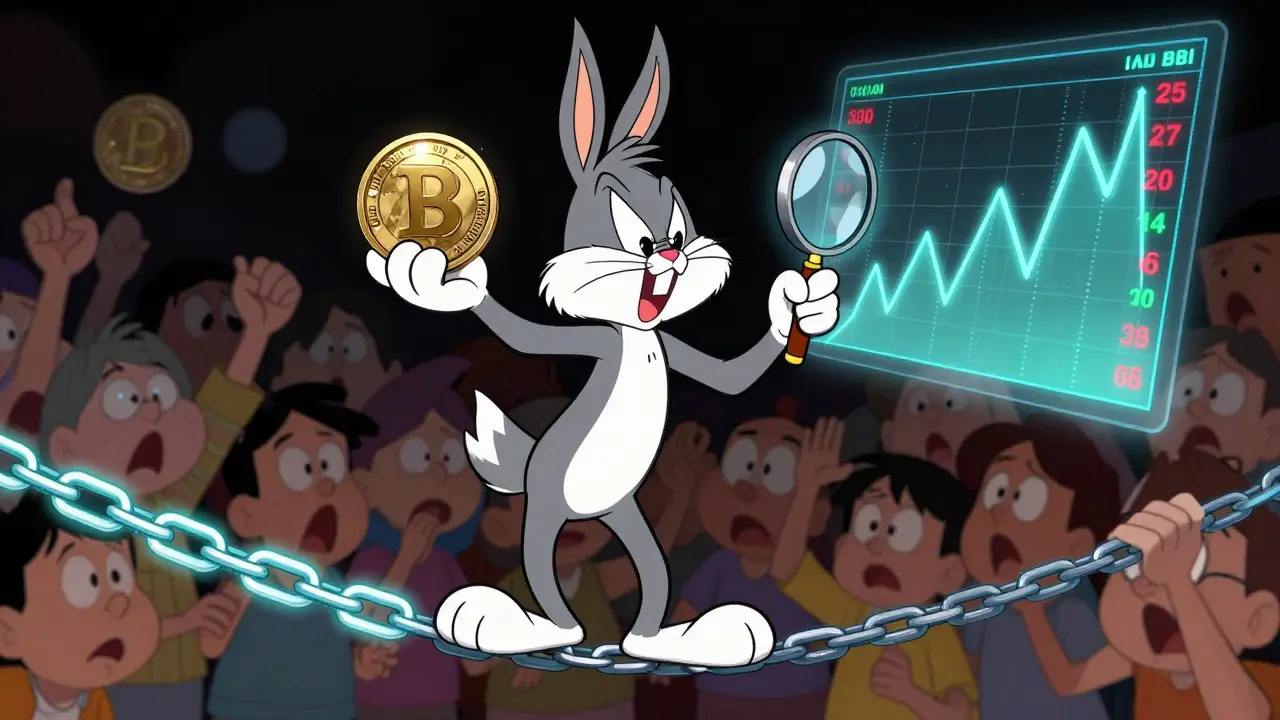 Nervous cartoon character balancing on a digital chain while holding a large POP coin