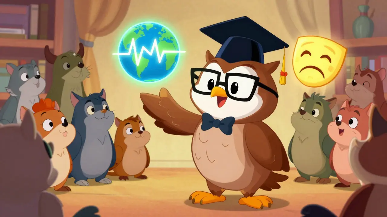 Professor owl juggling symbols for economics, technicals, and sentiment