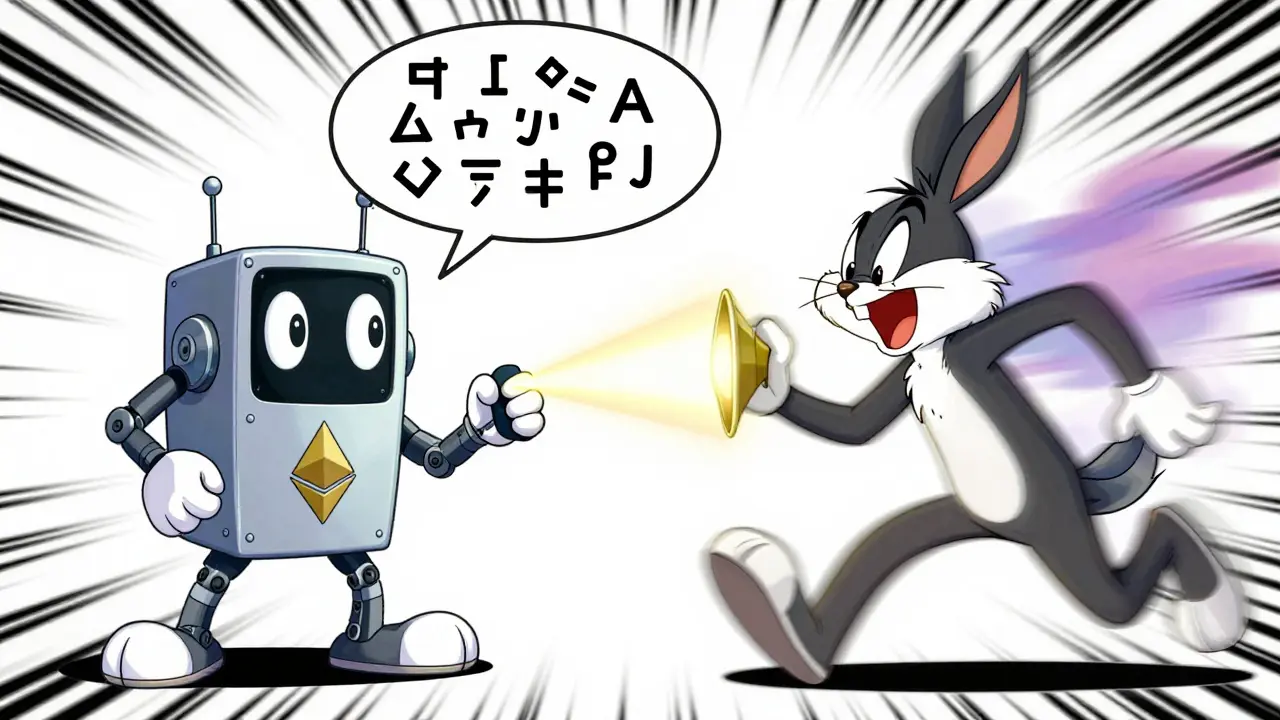 Quirky robot translating symbols between a sophisticated character and a fast energetic character.
