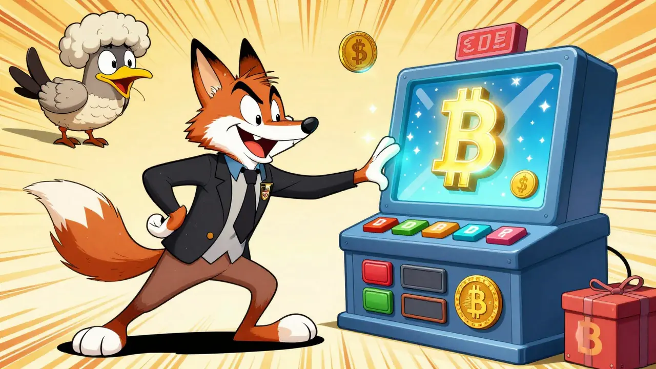 Sly fox in a suit tricking a bird with a fake cryptocurrency machine.