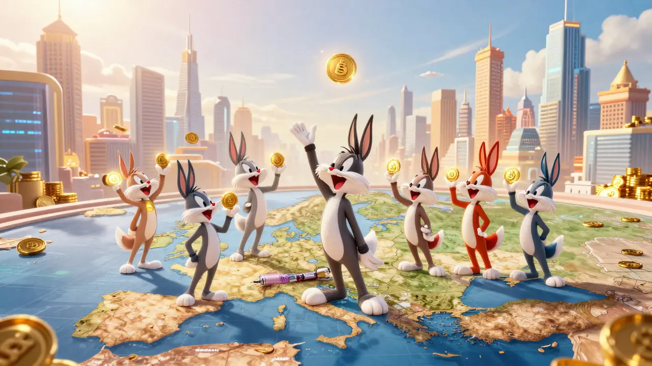 Small cartoon characters holding digital tokens in front of a futuristic city skyline.