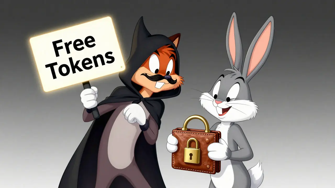 Sneaky cartoon fox attempting to trick a rabbit with a fake airdrop offer