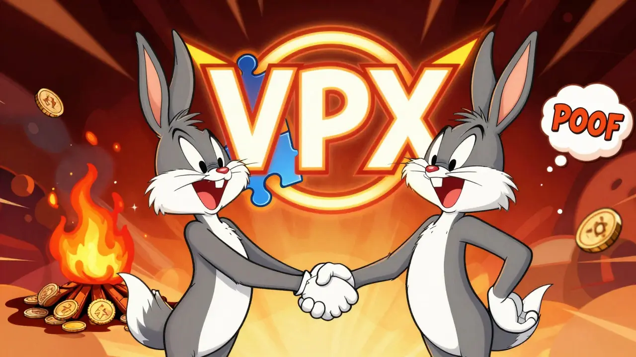 Two cartoon characters merging to form the VPX emblem with tokens burning nearby.