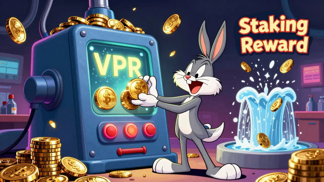 Wacky AI lab machine processing VPR tokens and spraying staking rewards.