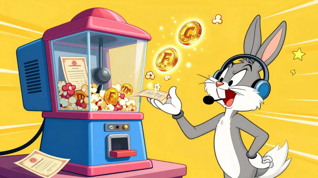 Wacky cartoon machine transforming paper stock certificates into glowing digital tokens.