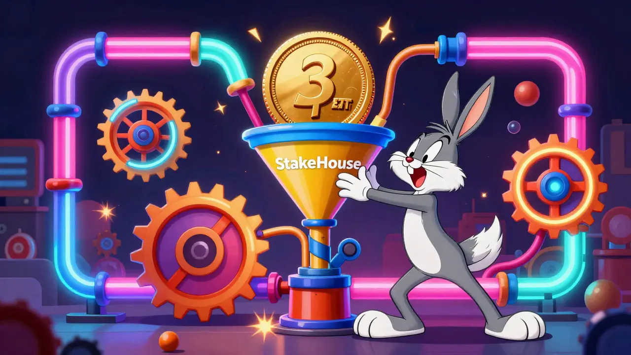 Whimsical cartoon machine pushing a giant coin into a colorful StakeHouse funnel.