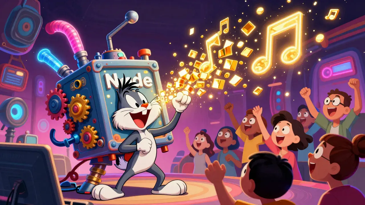 Zany cartoon characters interacting with a blockchain music node