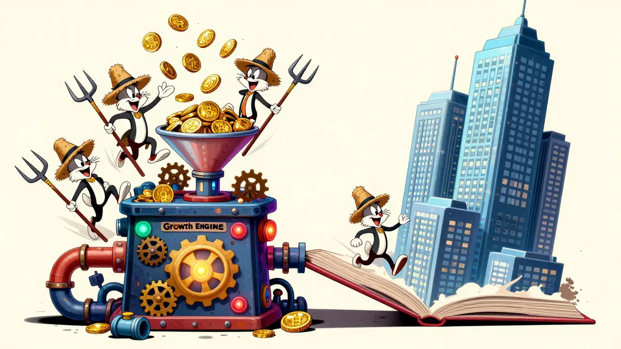 Zany machine transforming crypto deposits into a growing decentralized exchange skyscraper