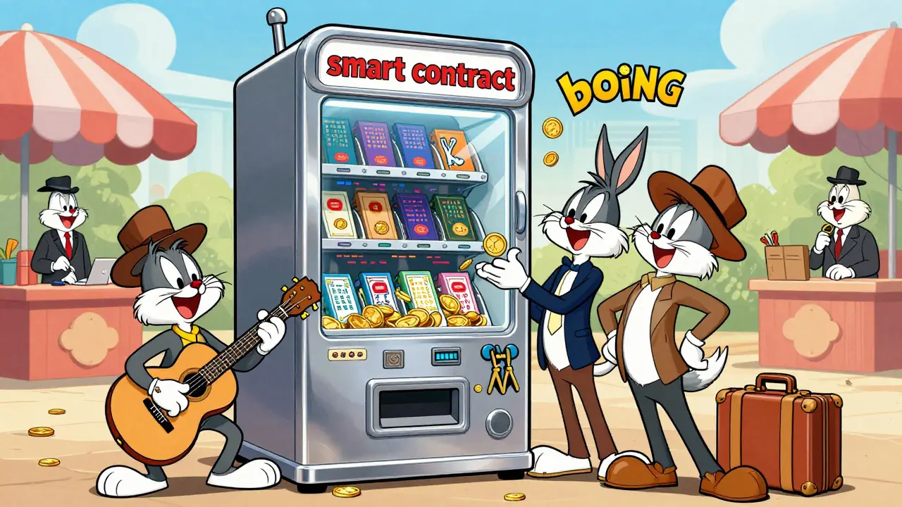 A cheerful smart contract vending machine instantly dispensing rewards for various users.