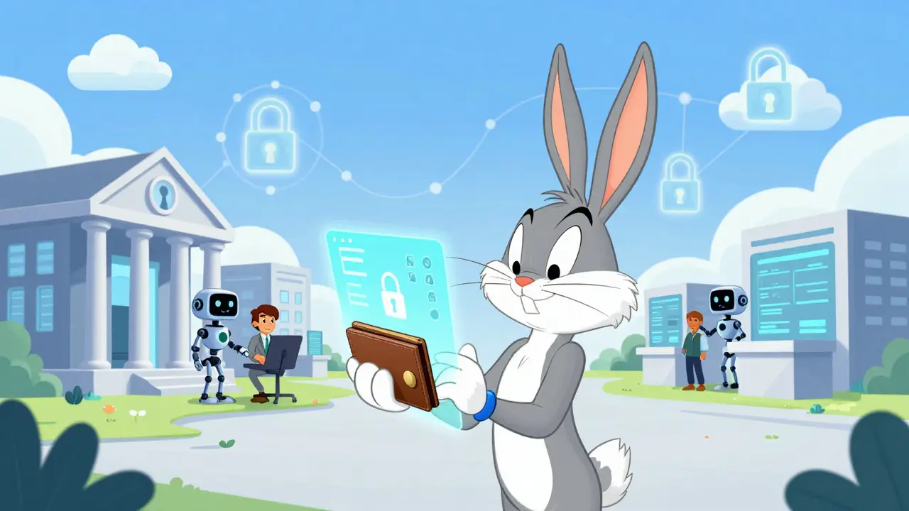 A tech-savvy user managing a digital wallet in a future where banks become efficient validators.