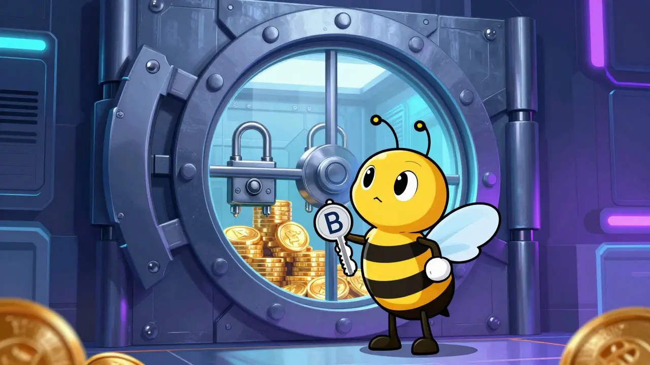 Animated bee unlocking a secure blockchain vault with tech keys