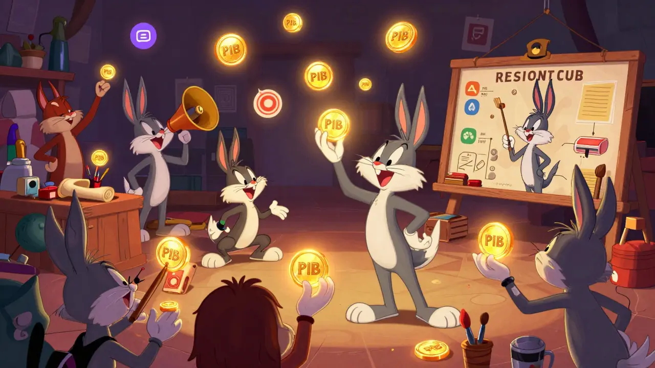 Animated characters trading tokens in a vibrant social marketplace