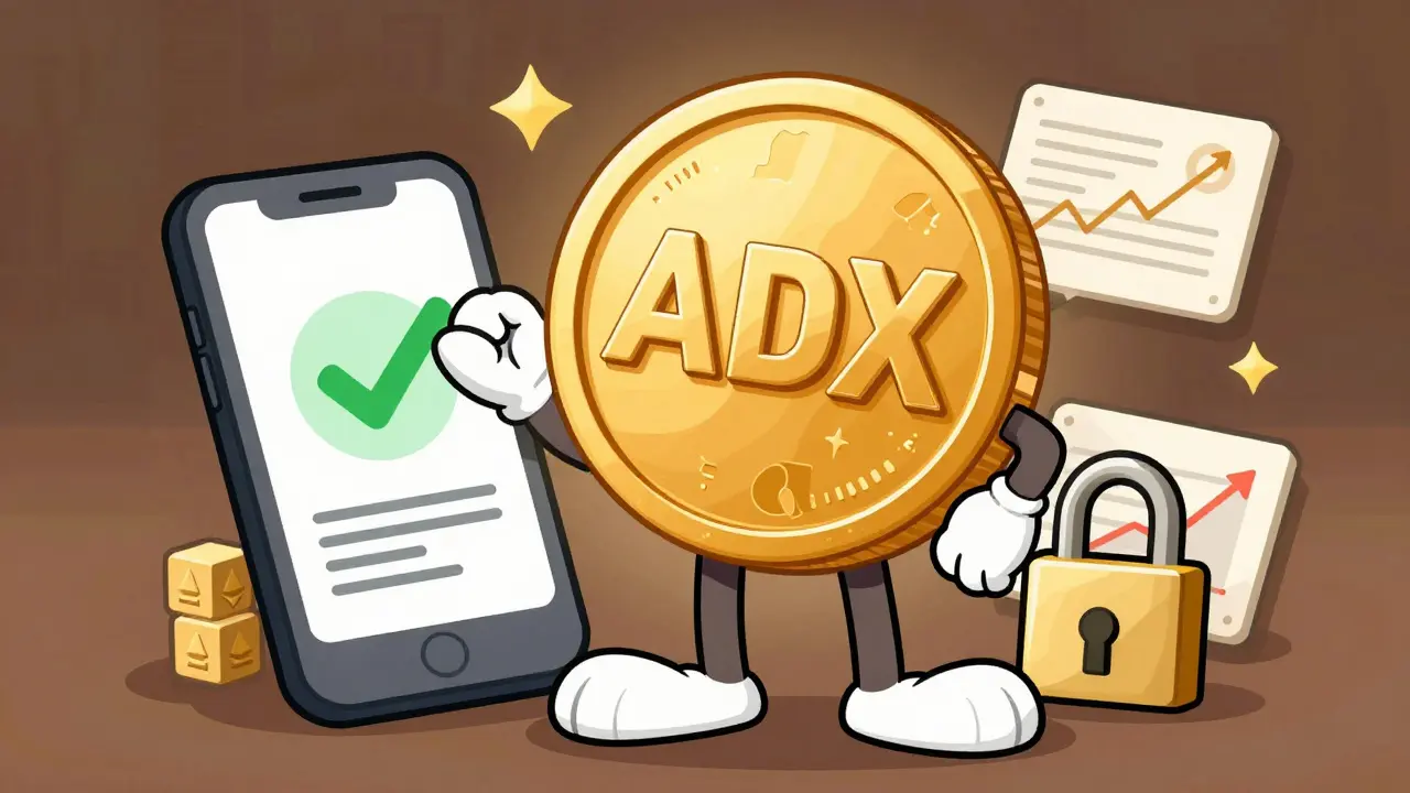Anthropomorphic ADX coin standing with smart contracts and web3 tools