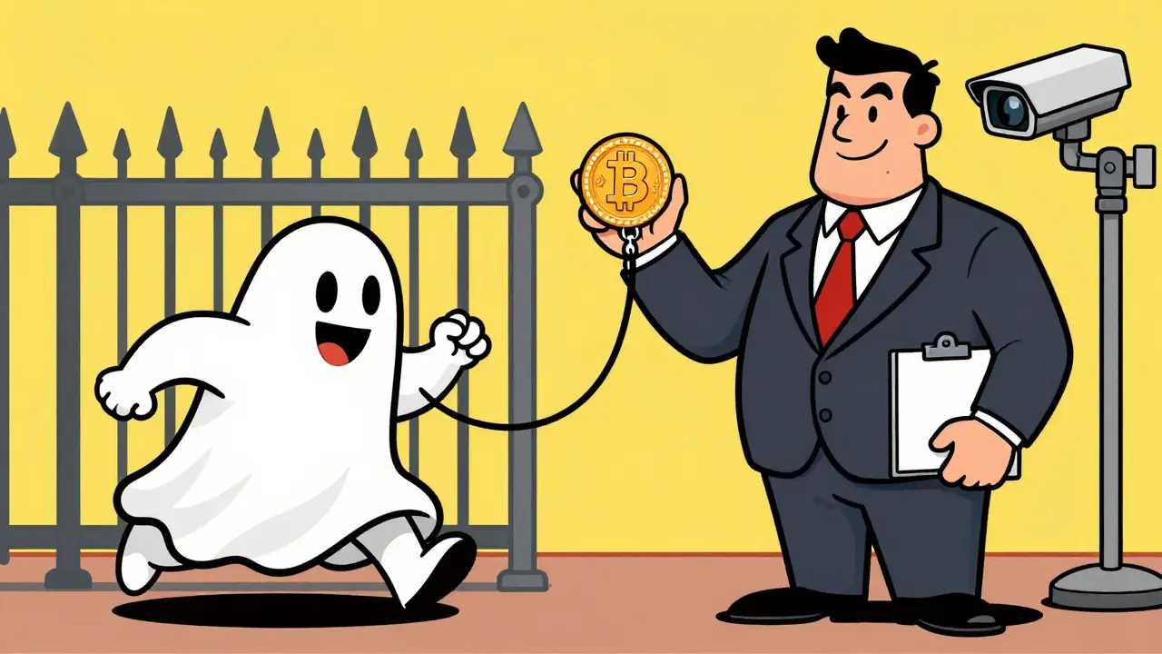 Caricature comparing sneaky private crypto ghosts with leashed state-controlled digital coins