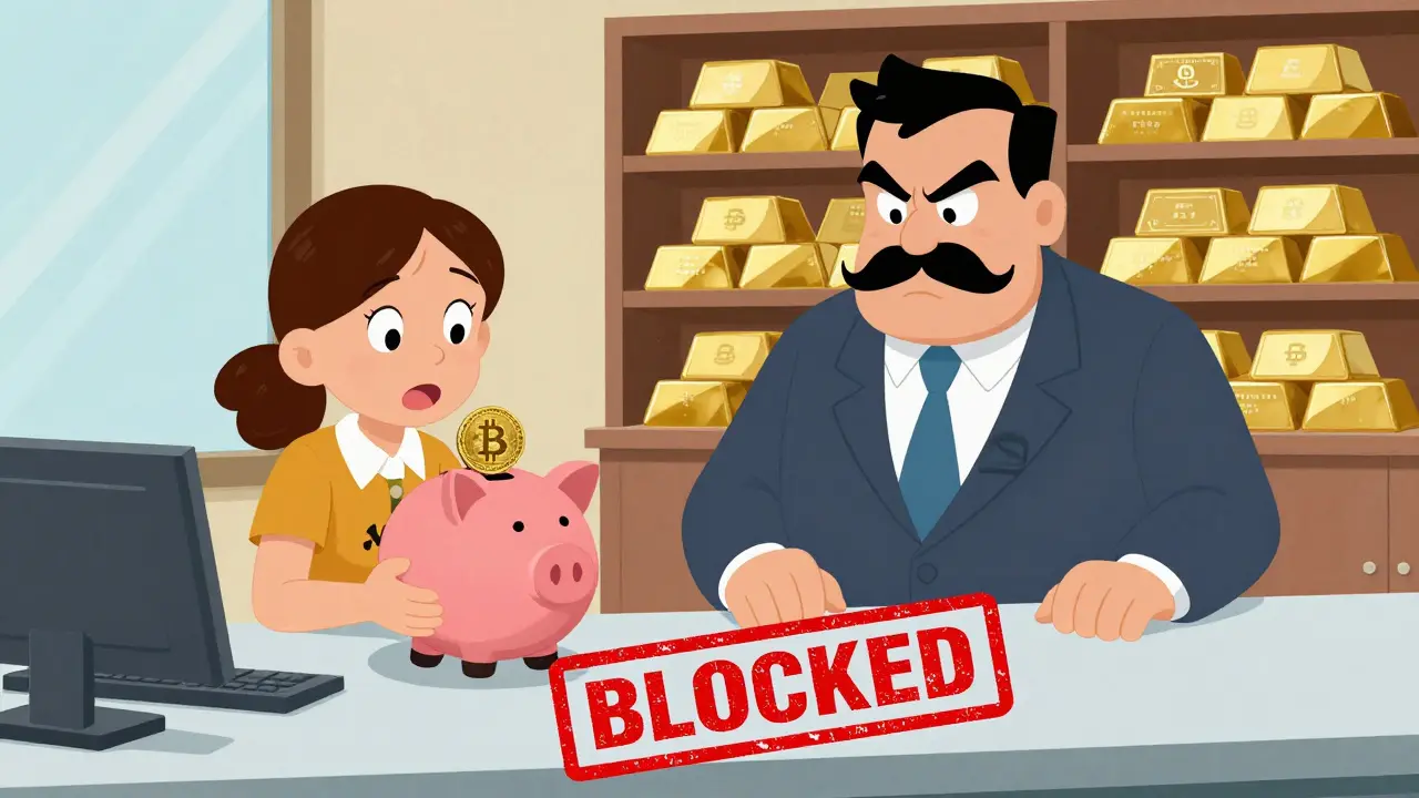 Cartoon banker slamming a blocked sign on a customer trying to deposit a Bitcoin piggy bank
