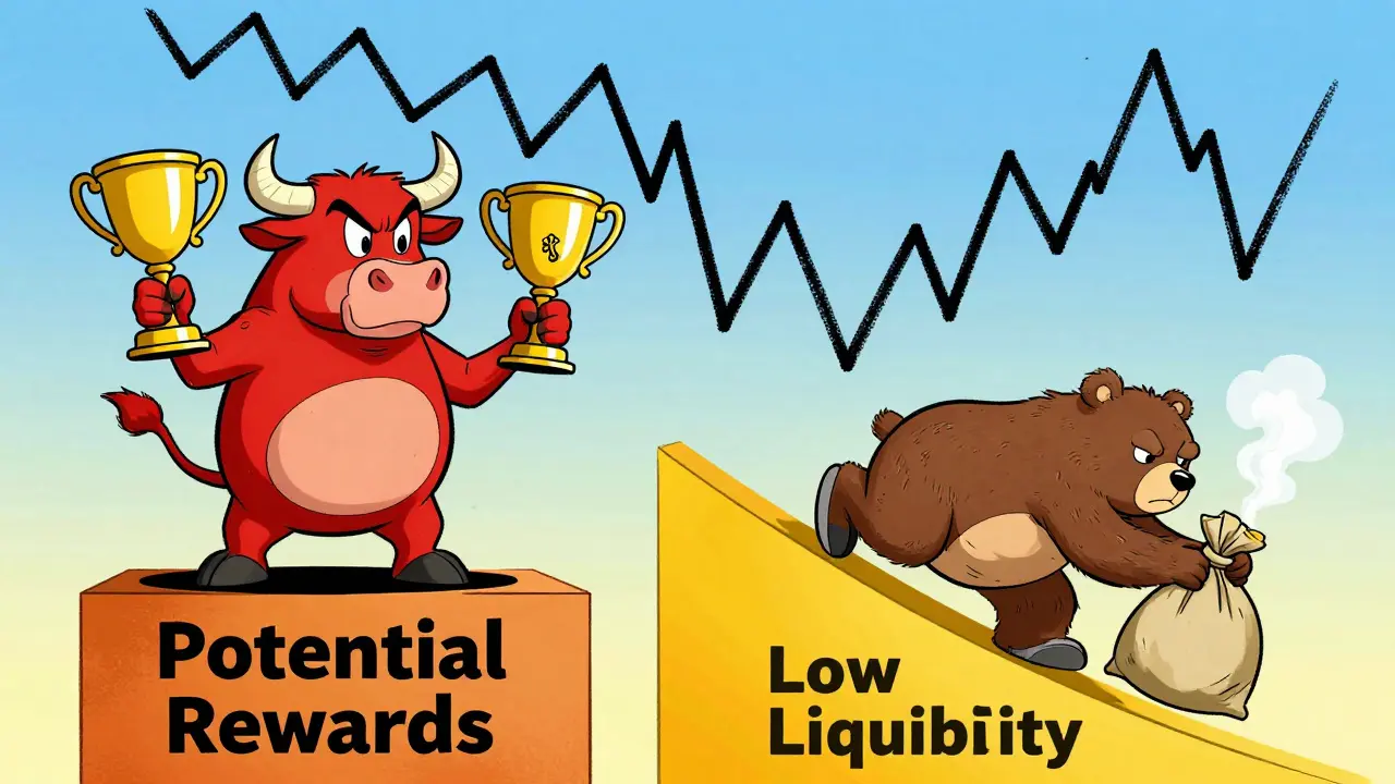 Cartoon bull and bear illustrating crypto rewards vs liquidity risks.