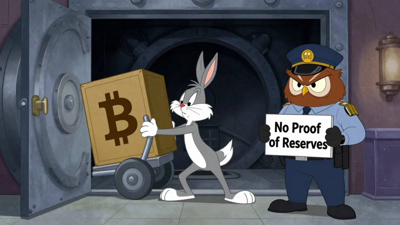 Cartoon character blocked by security guard at crypto withdrawal vault
